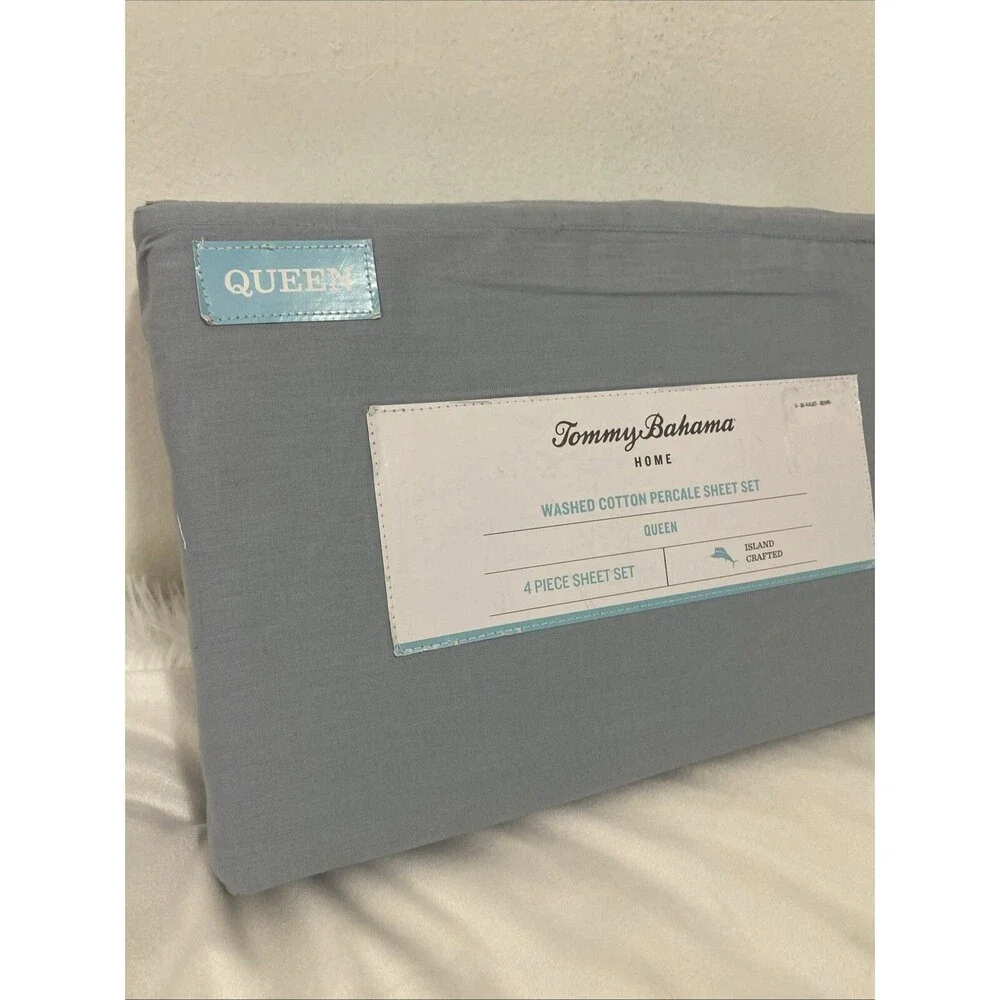 Tommy Bahama Queen Sheet Set 4 Pieces Home Washed Cotton Percale Blue Sky New